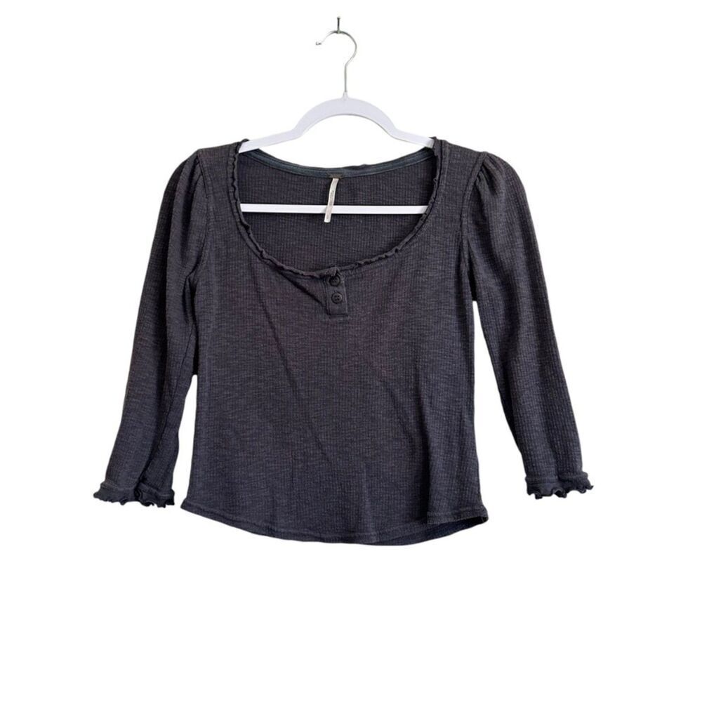Free People‎ Rib Henley Ruched Shoulder Top Women's S Gray 3/4 Sleeve Casual